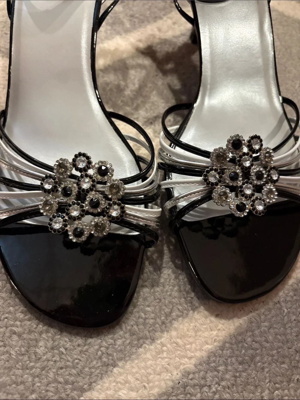 Evening Strappy Heels with Silver Floral Crystal Accent - Women